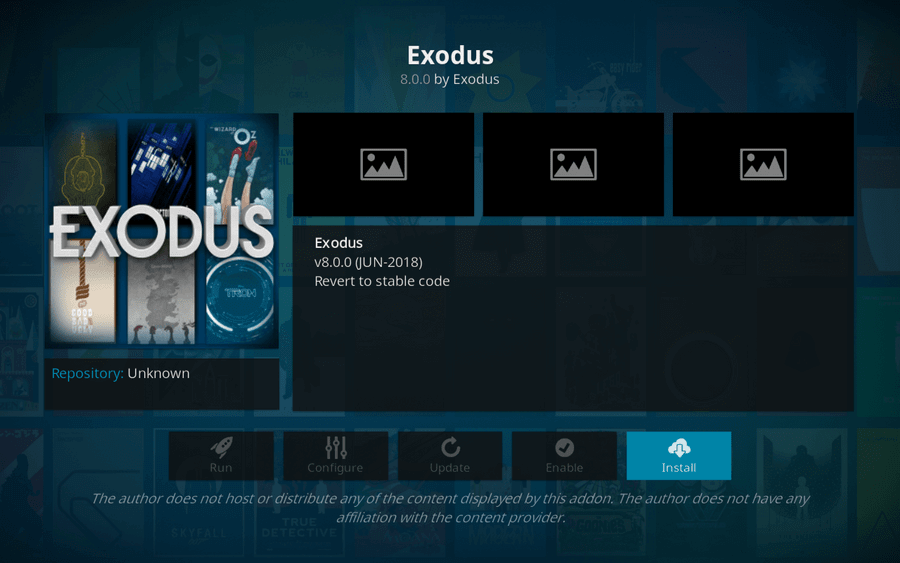Click Install to get Exodus Kodi Addon