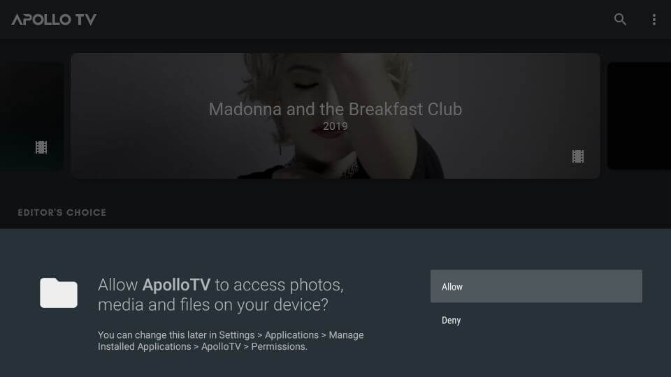 Select Allow and watch Apollo TV on Firestick 