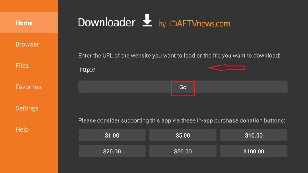 Enter BT Sport apk URL in Downloader app