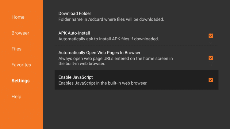 Enable JavaScript on Downloader app