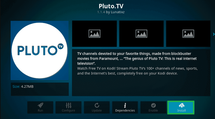 click Install on the Pluto TV page