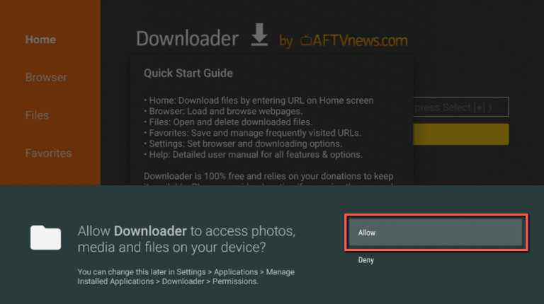 click on Allow to access media files