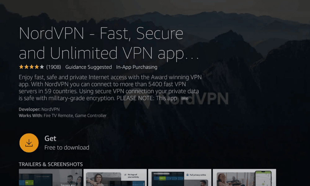 click on get to download NordVPN on Firestick