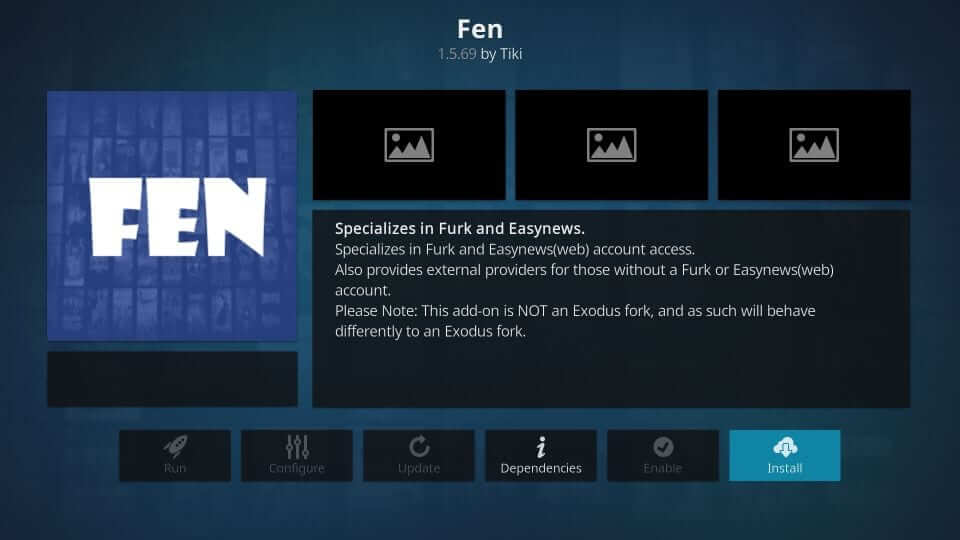 click on Install to install Fen Kodi Addon 