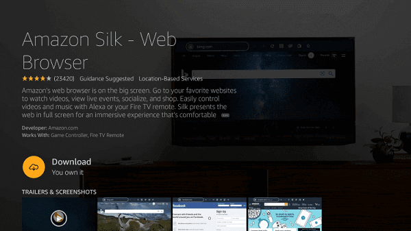 click on download to install silk browser on Firestick