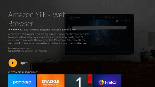 click on open to launch silk browser 