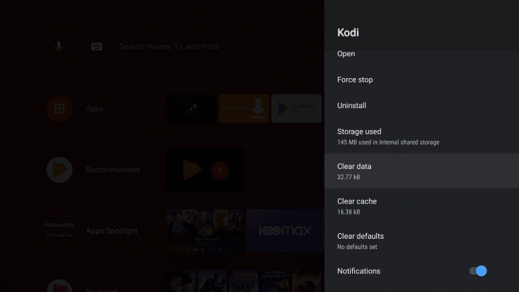 click on clear data reset Kodi on Android TV Box 