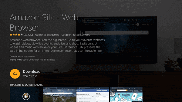 click on download to install silk browser on firestick