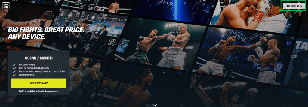 Click Explore Now from the DAZN home page
