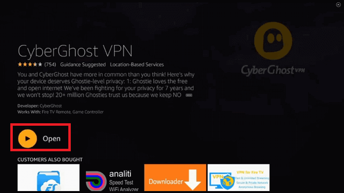 click open to launch CyberGhost VPN on Firestick