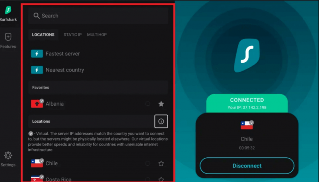 select your desired country to use Surfshark VPN on Firestick
