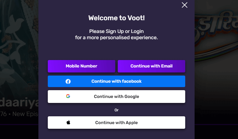 sign up with your Voot account