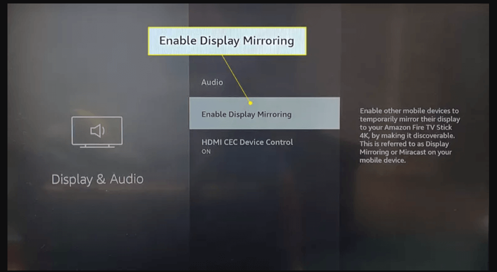 click enable display mirroring from the screen
