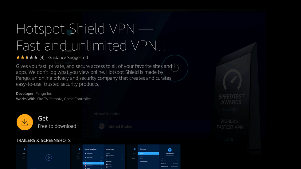 click get to install Hotspot Shield vpn on firestick
