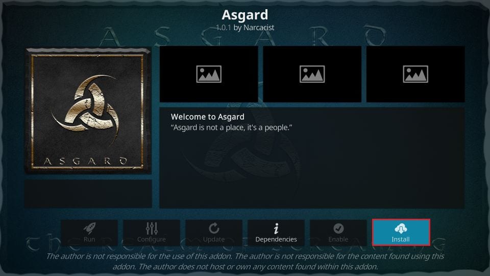 Select Install to get Asgard Kodi addon