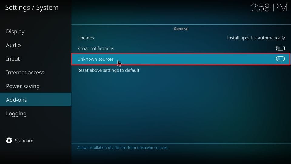 Toggle on Unknown sources to install Aspis Kodi Addon