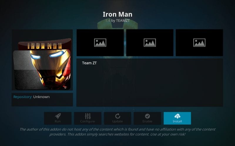 Select the Install button and install the Iron Man Kodi addon