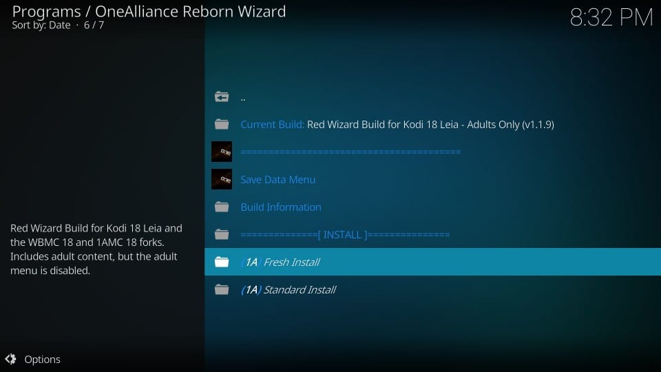 Select Fresh Install and install Red Wizard Build Kodi