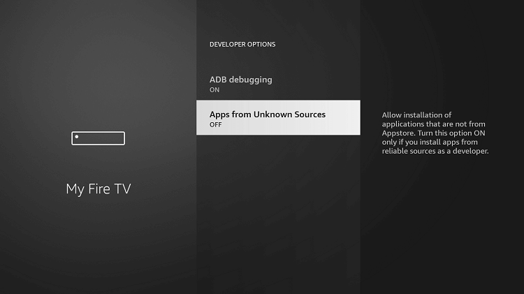 Turn on Apps from Unknown sources to install Sky Go on Firestick