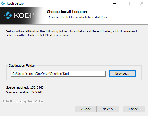 Browse the location you want to install Kodi on Windows