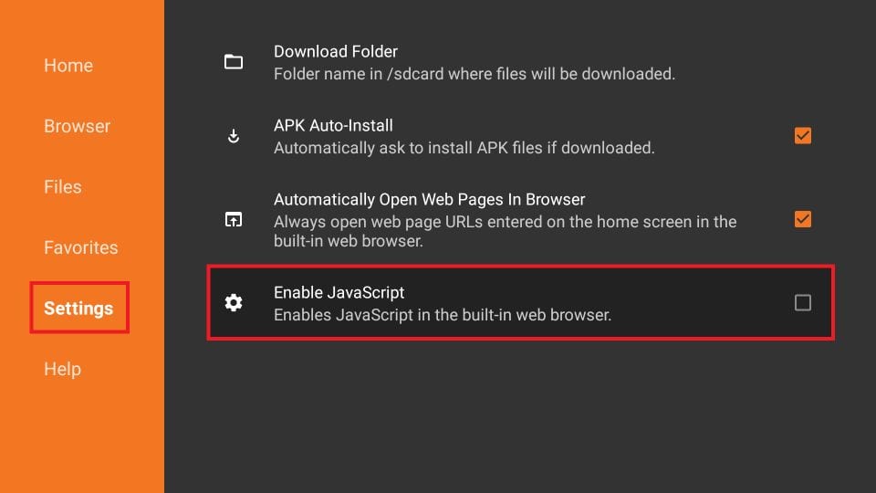 Enable JavaScript to enable Downloader on Firestick