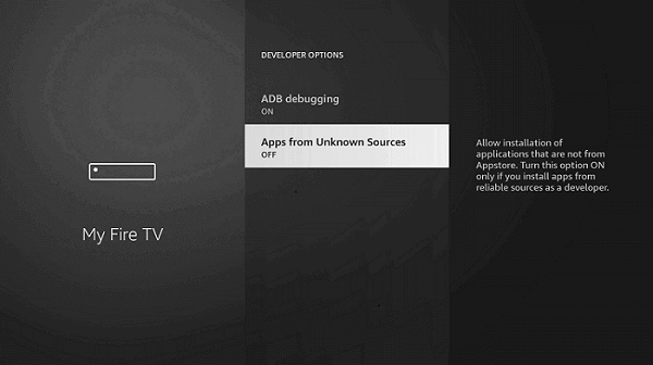 Turn on Apps from Unknown sources to install Expedite TV IPTV on Firestick