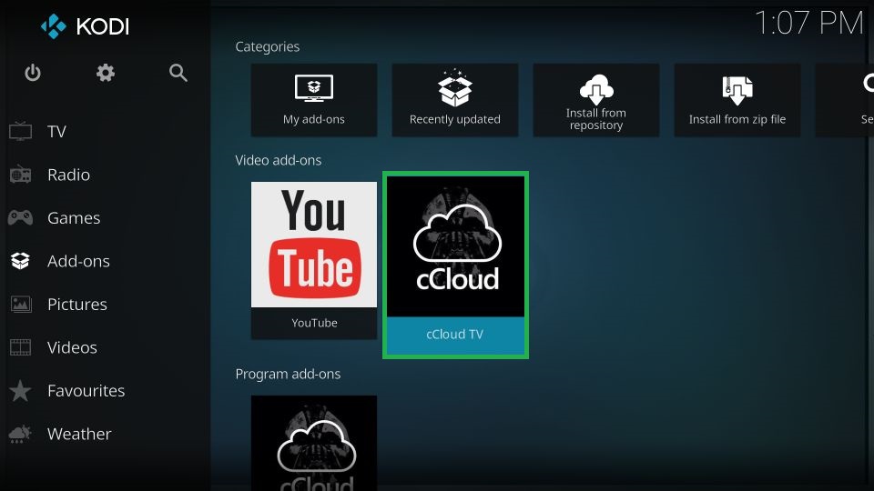 Select cCloud under Video Addons