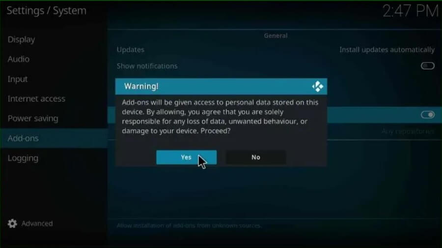 warning message after enabling unknown sources in kodi