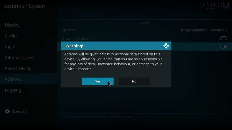 warning message after enabling unknown sources in kodi