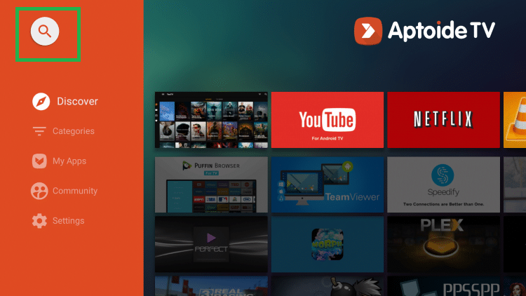 tap the Search icon on the Aptoide TV 