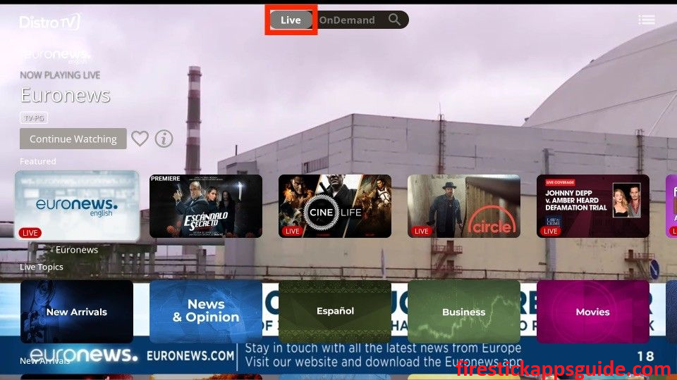 DistroTV home screen