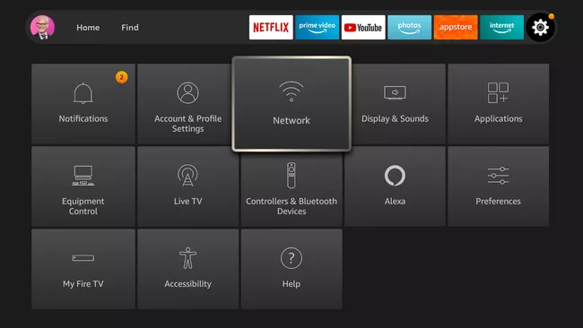 Select the Network tile to Connect Firestick to Hotel Wi-Fi
