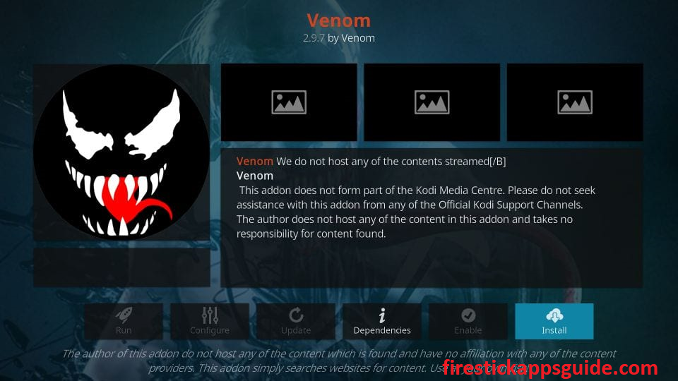  Tap the Install button to get  Venom Kodi Addon