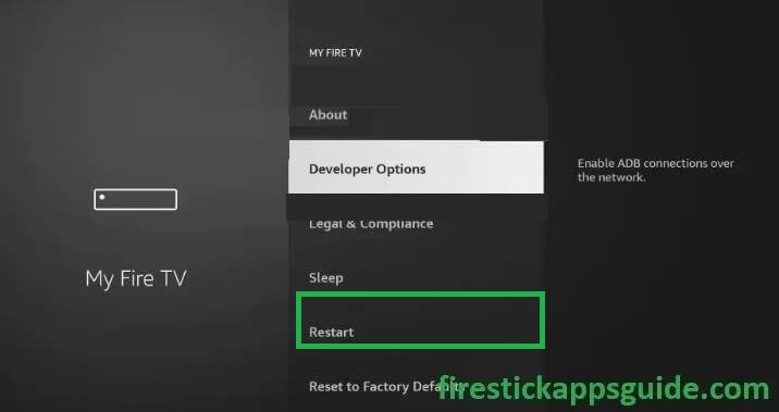 Hit Restart option to resolve the not working issues of Youtube on Firestick