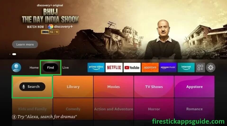 Hit Find and choose Search option on Firestick 