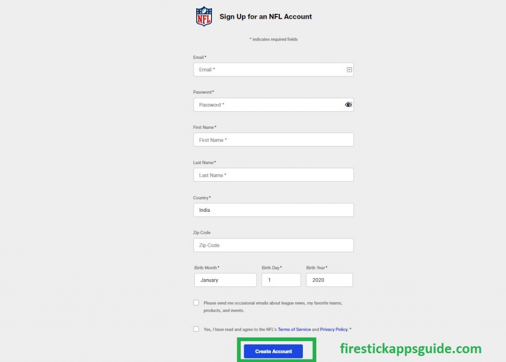 hit the Create Account option to get NFL Game Pass