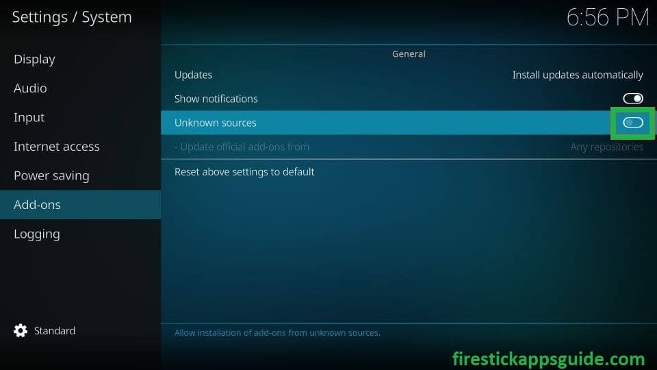 Enable Unknown sources to install the Samsung TV Plus on Firestick