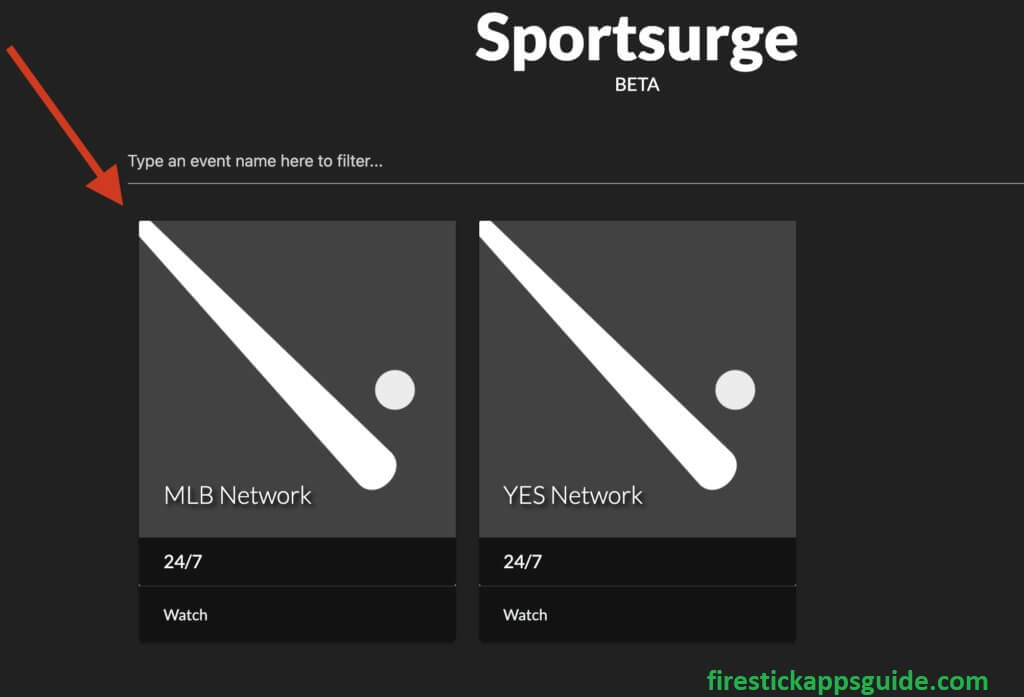 choose MLB or YES Network on Sportsurge Page