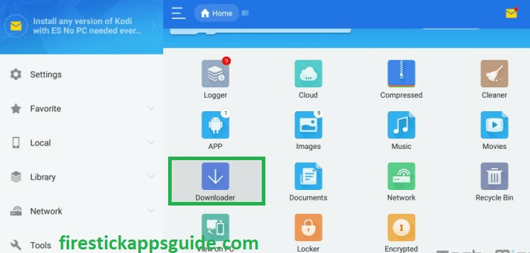 Choose Downloader icon present on the ES File Explorer home page