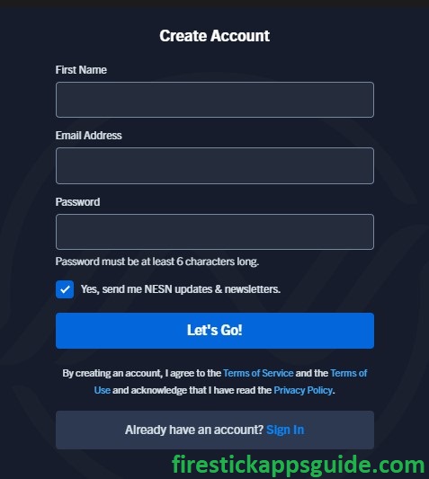 Create account to access NESN App on your Firestick