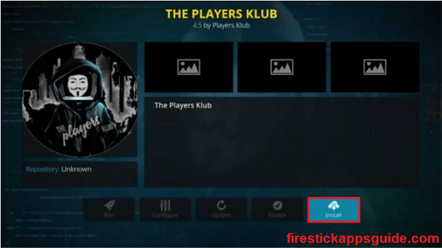 Click INSTALL. players klub on firestick