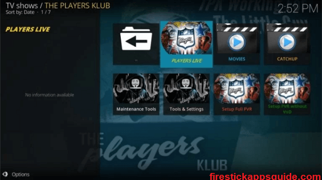 Add-on home screen. players klub on firestick