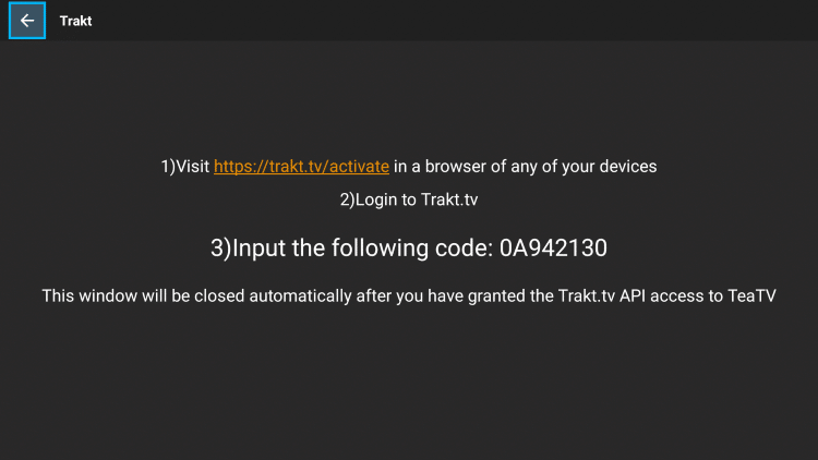 Note down the Trakt activation code