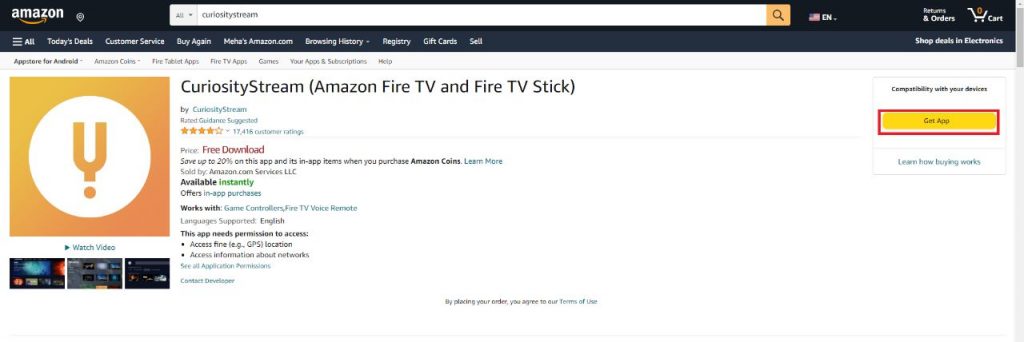 Get CuriosityStream on Firestick using Amazon website