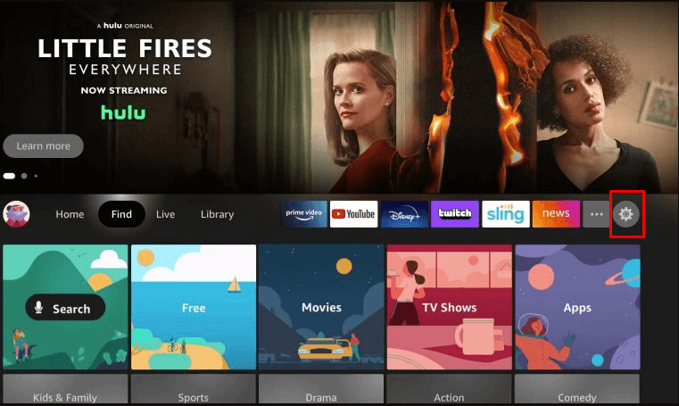 settings icon on the welcome screen of the Firestick TV.