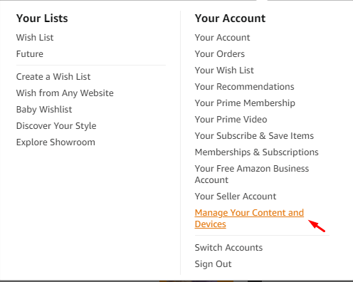Your Account menu of Amazon profile.