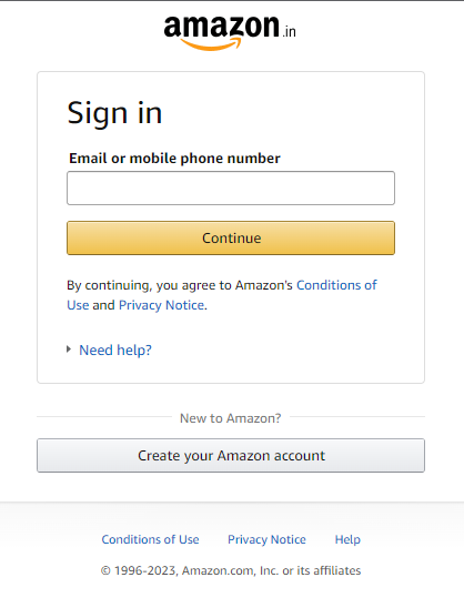 Sign in page of Amazon